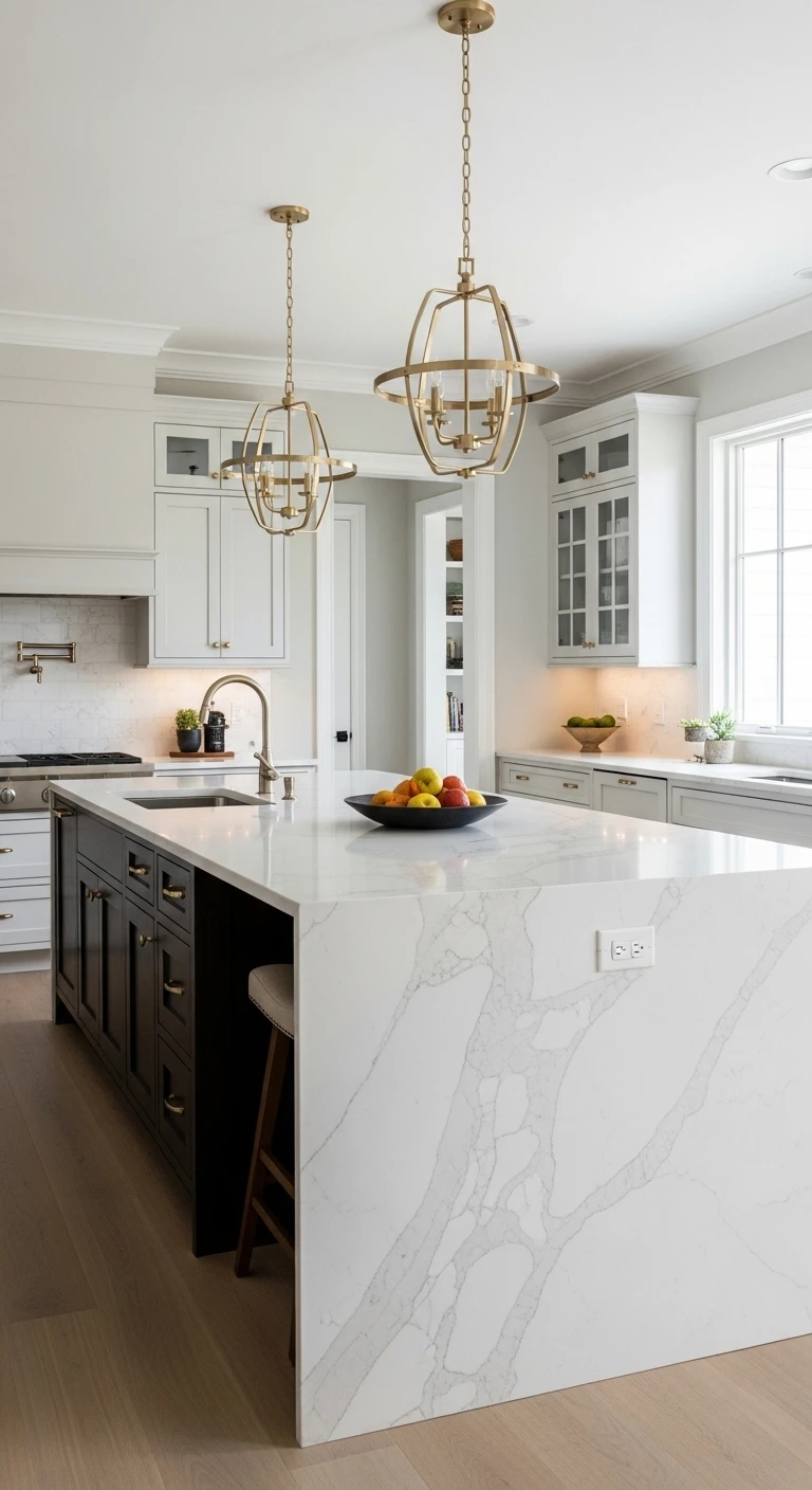 Modern Kitchen with Waterfall Marble Islands