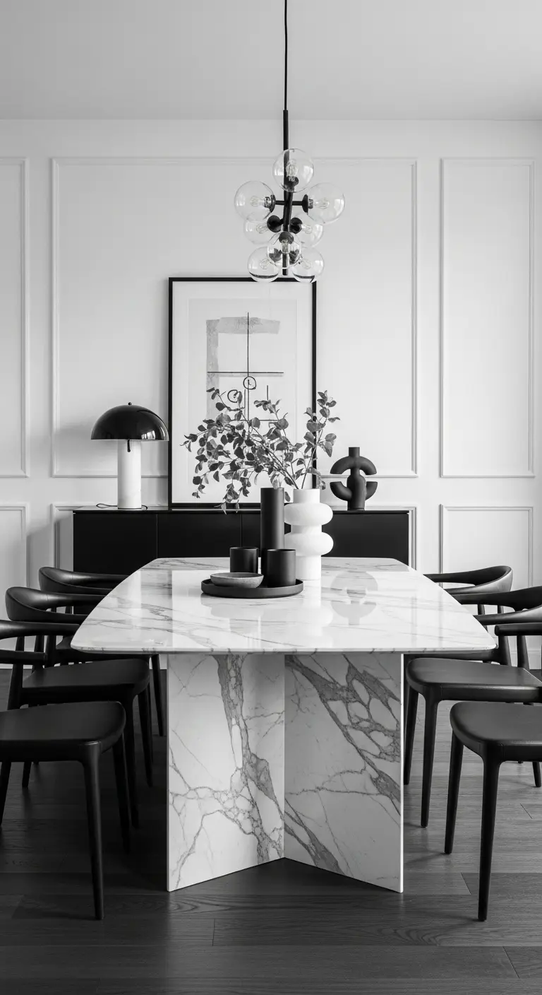Monochrome Theme with a Calacatta Marble Dining Table