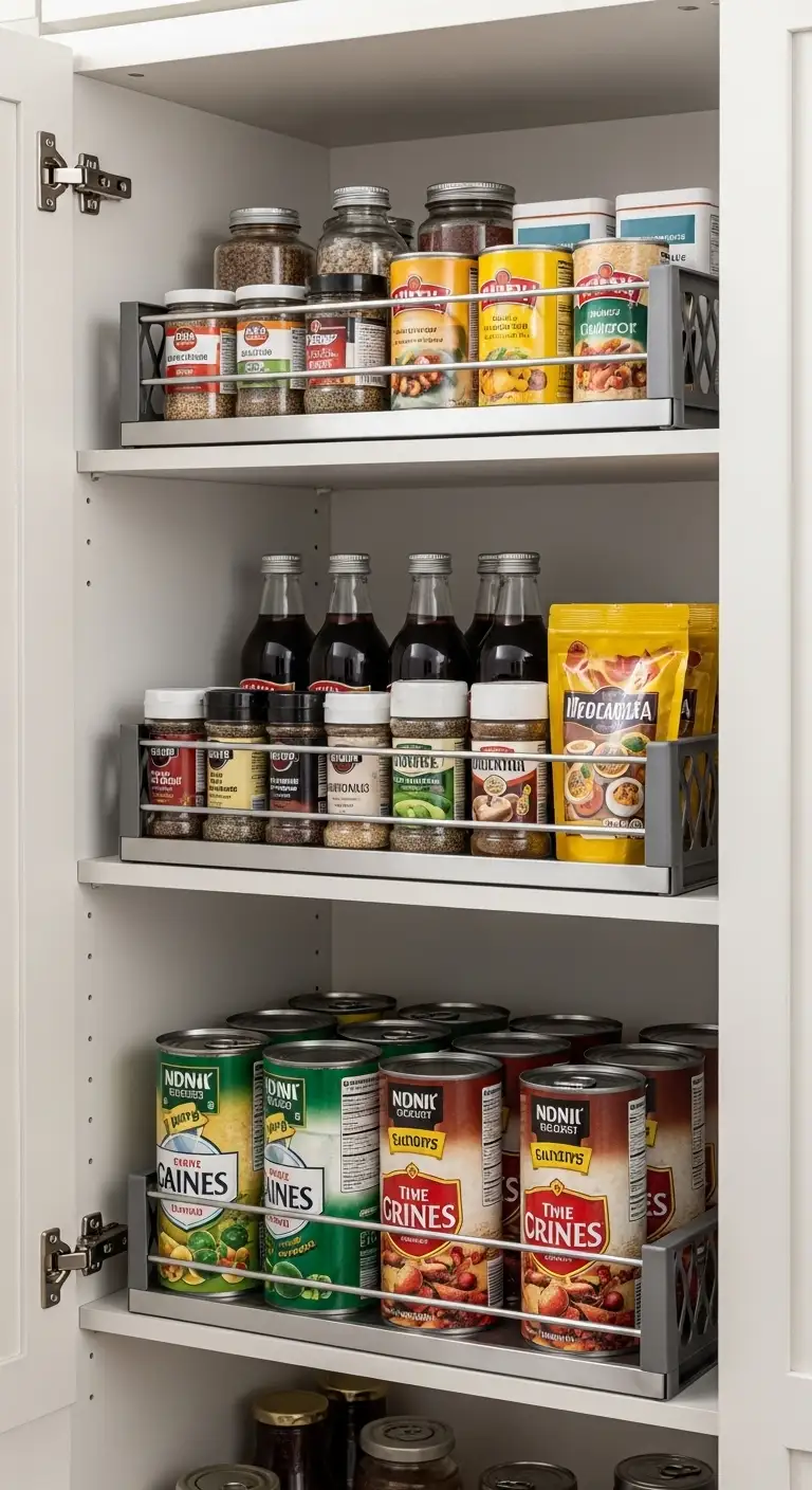 Multi-Tier Shelf Inserts for Improved Pantry Cabinets Organization Structure