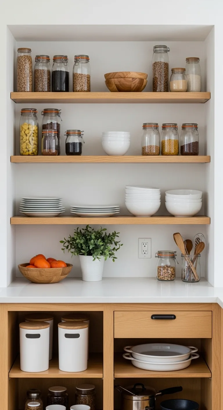 Open Shelf Kitchen Counter Organization Strategy