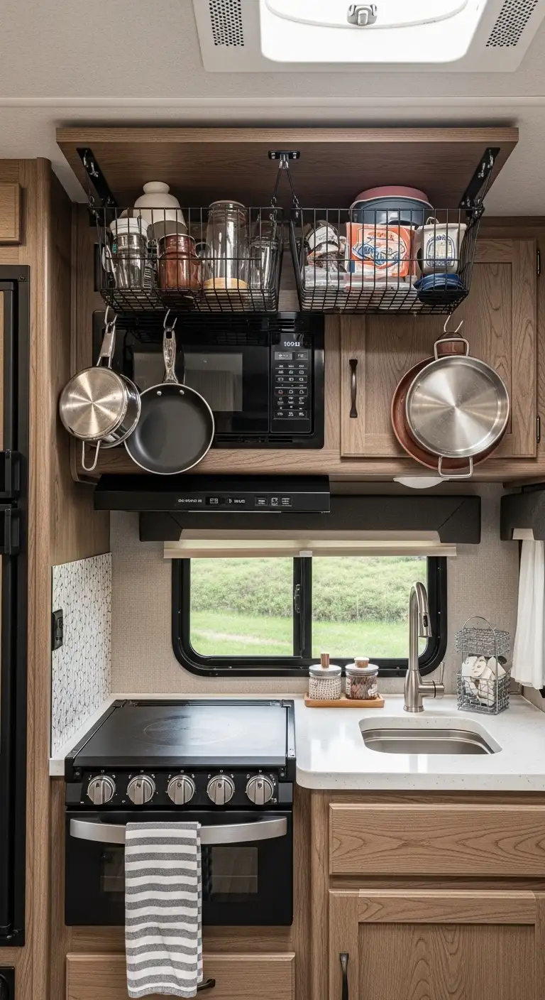 Overhead Storage and Ceiling Hooks for Camper Kitchen Organization