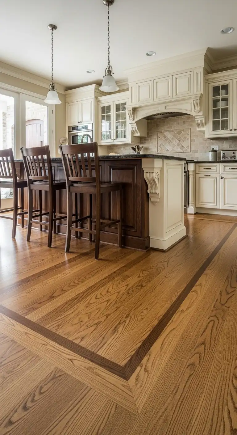 Patterned kitchen wood flooring borders for custom detail