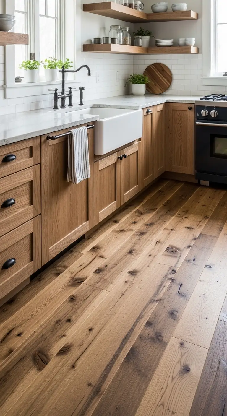 Reclaimed kitchen wood flooring for rustic character