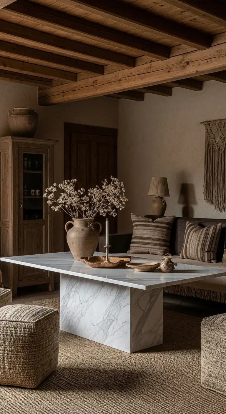 Rustic Interior Contrast Using a Calacatta Marble Table