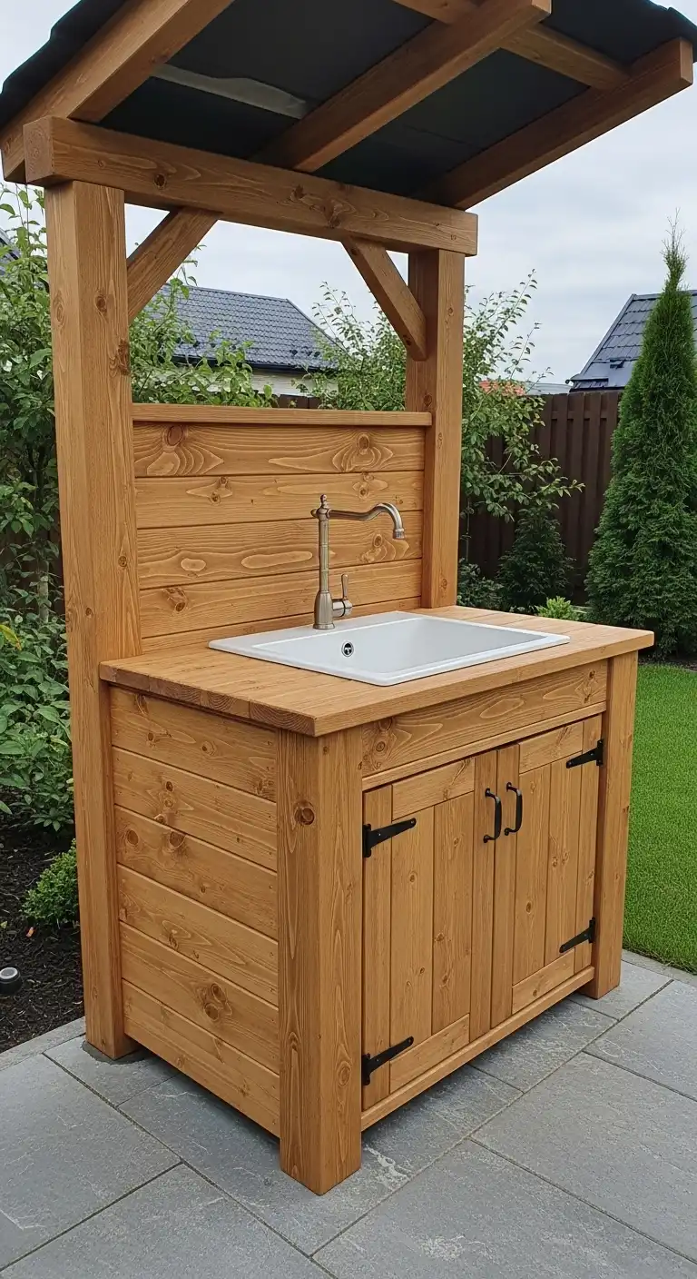 Rustic Wooden Frame Outdoor Kitchen Sink Design