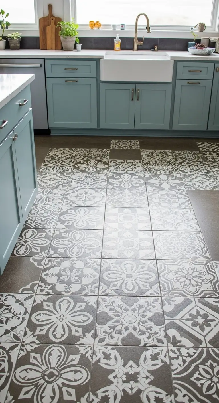 Stenciled Cement Floors for Artistic Kitchen Designs
