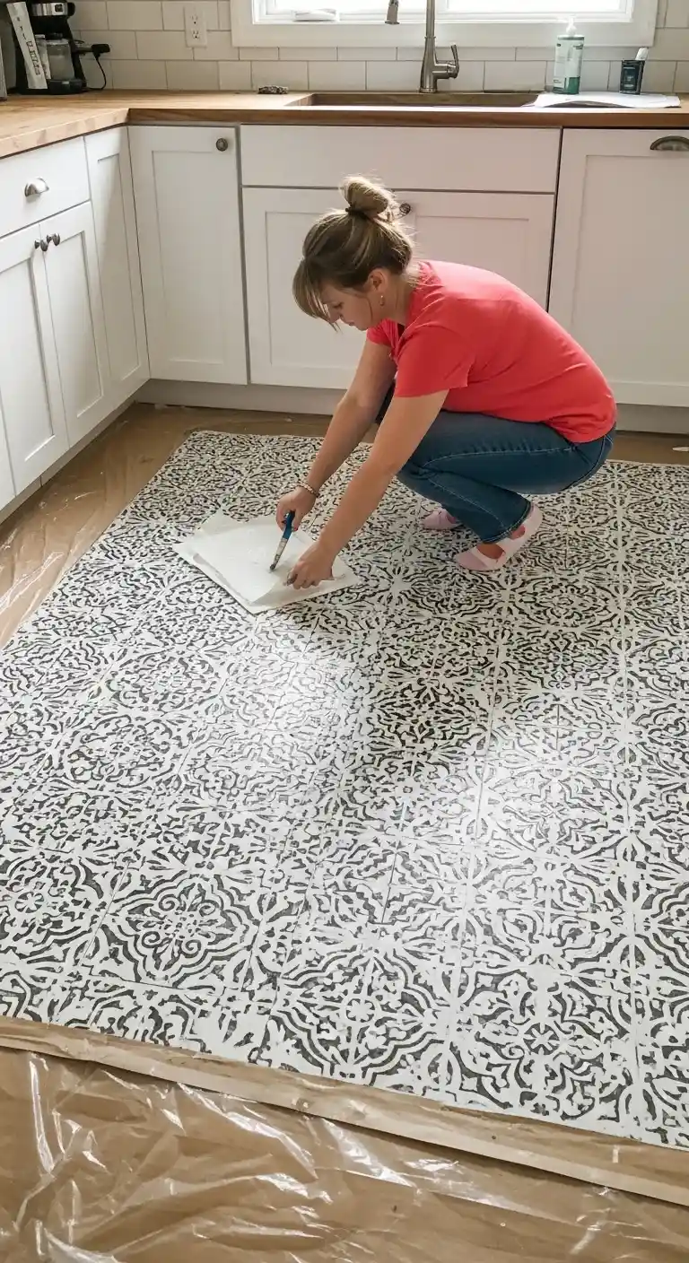 Stenciled Floors for Creative Cheap Kitchen Flooring
