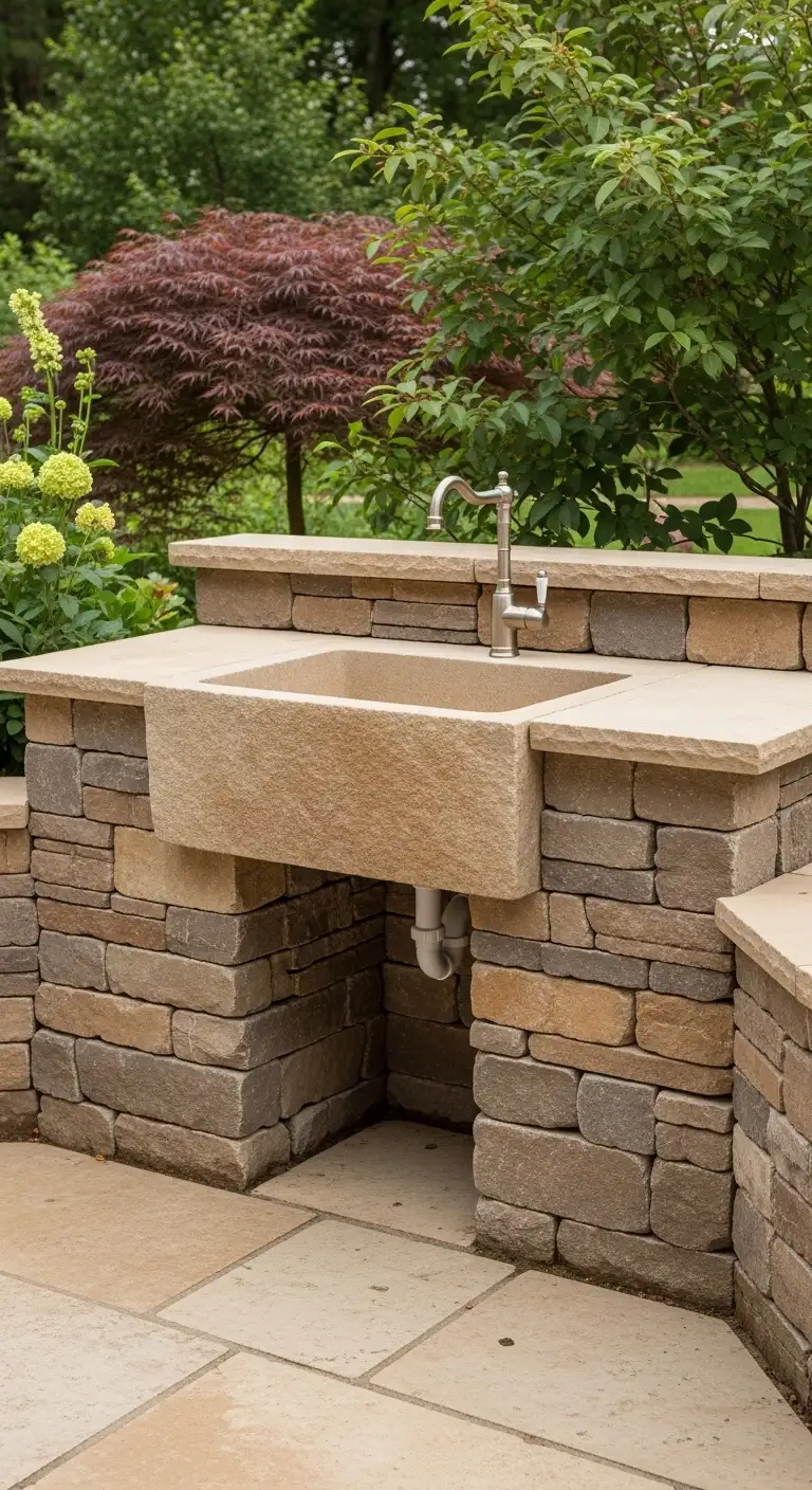 Stone Basin Outdoor Kitchen Sink for Natural Backyard Aesthetics
