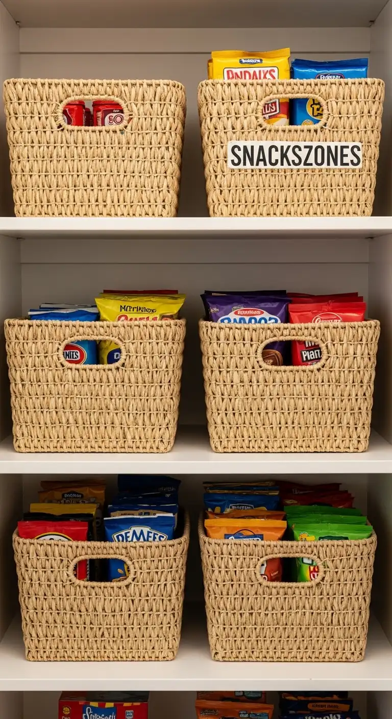 Store Snacks in Easy-to-Reach Pantry Baskets Organization Zones