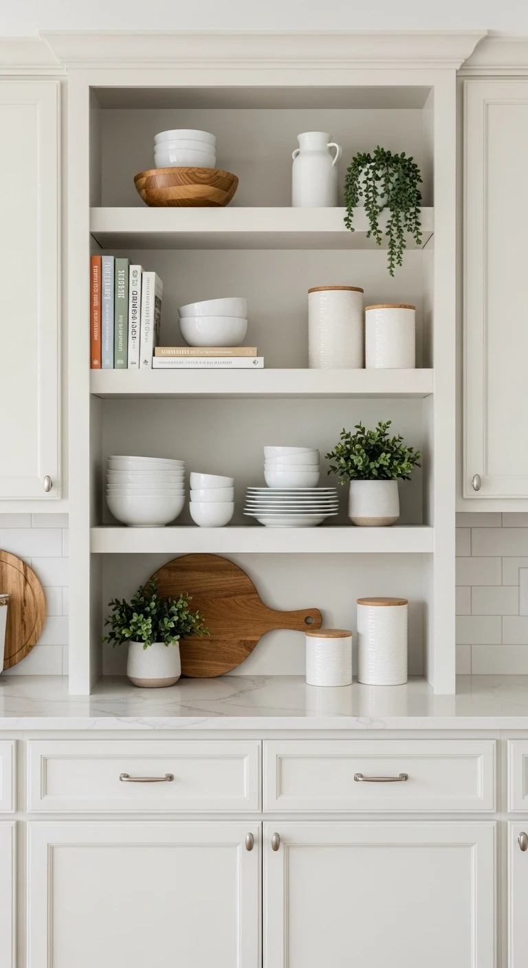 Style Open Shelves Between Cabinets