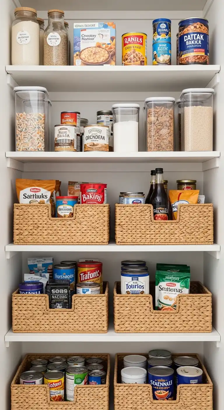 Use Baskets and Bins to Group Similar Items in Pantry Organization