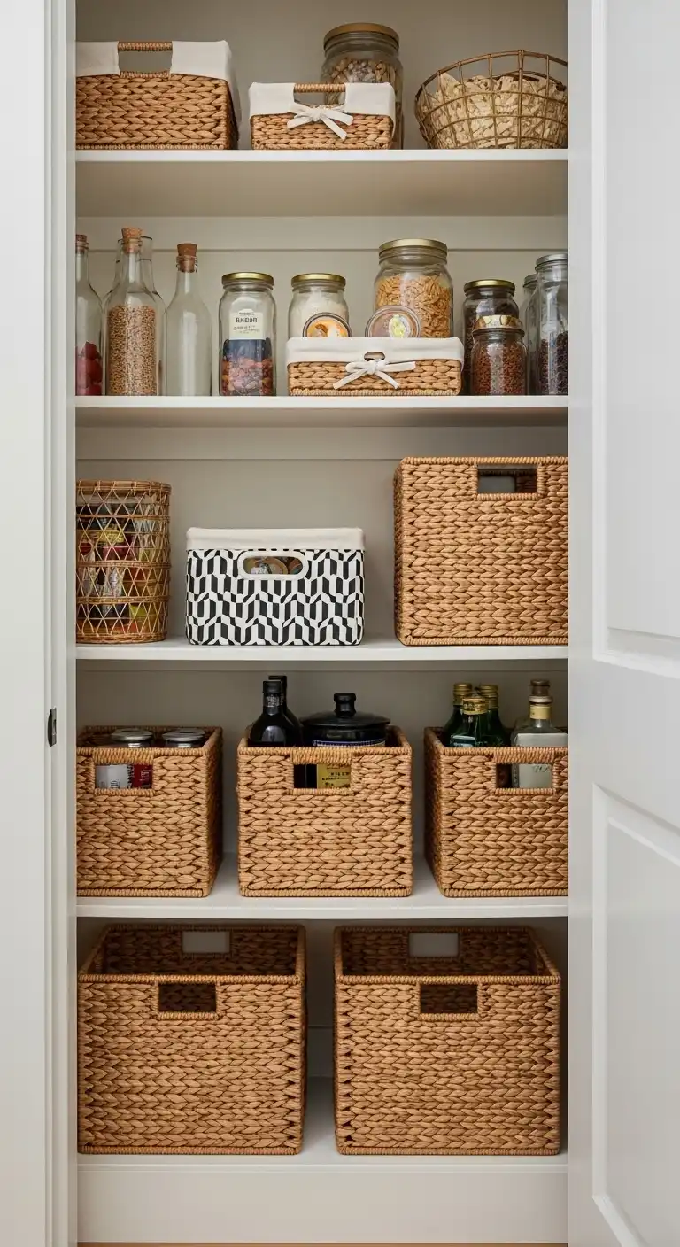 Use Decorative Baskets to Enhance Pantry Aesthetics