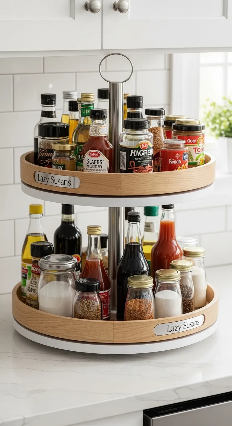 Use Lazy Susans for Flexible Kitchen Counter Organization
