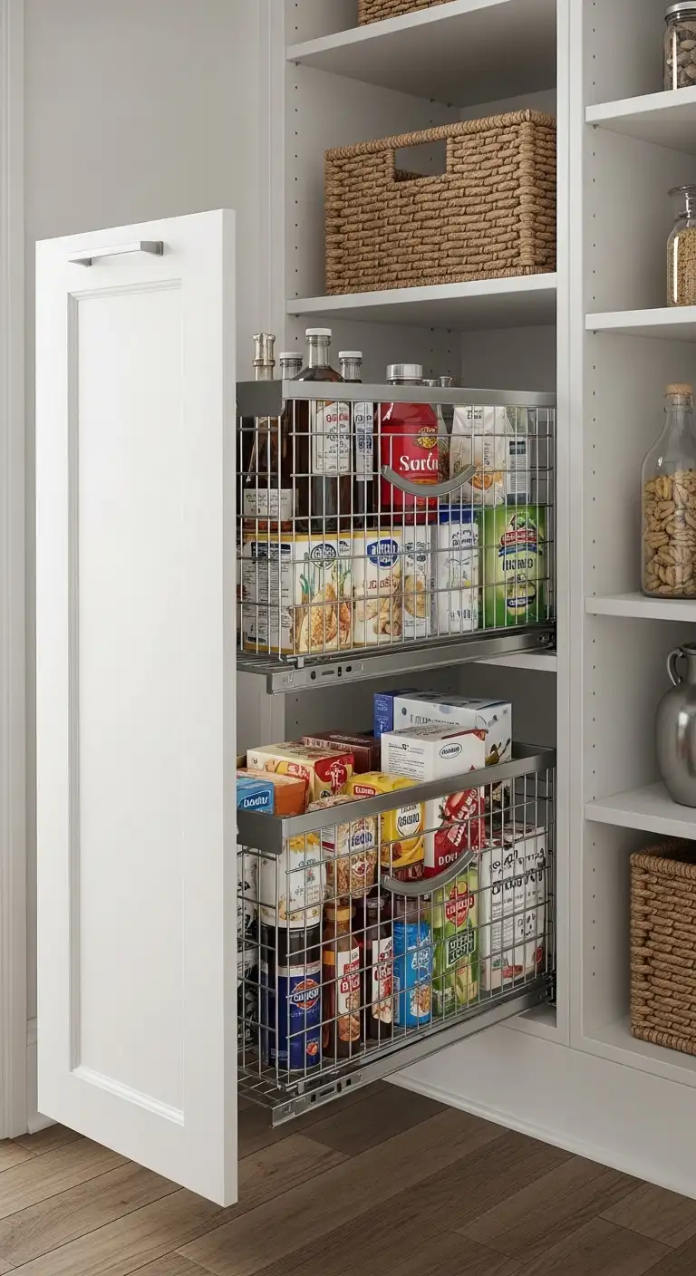 Use Pull-Out Baskets for Deep Pantry Shelves