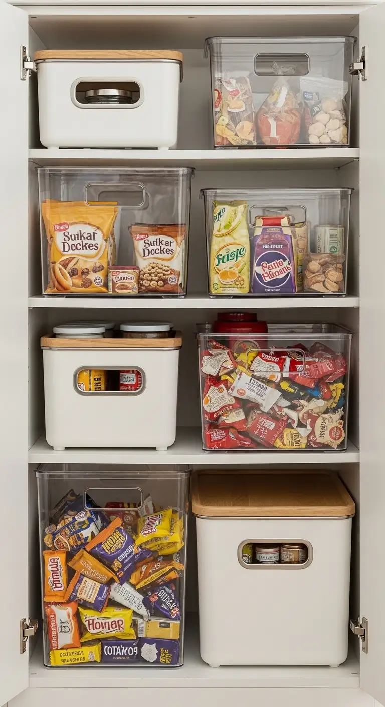 Use Stackable Bins for Compact Kitchen Cabinets Organization