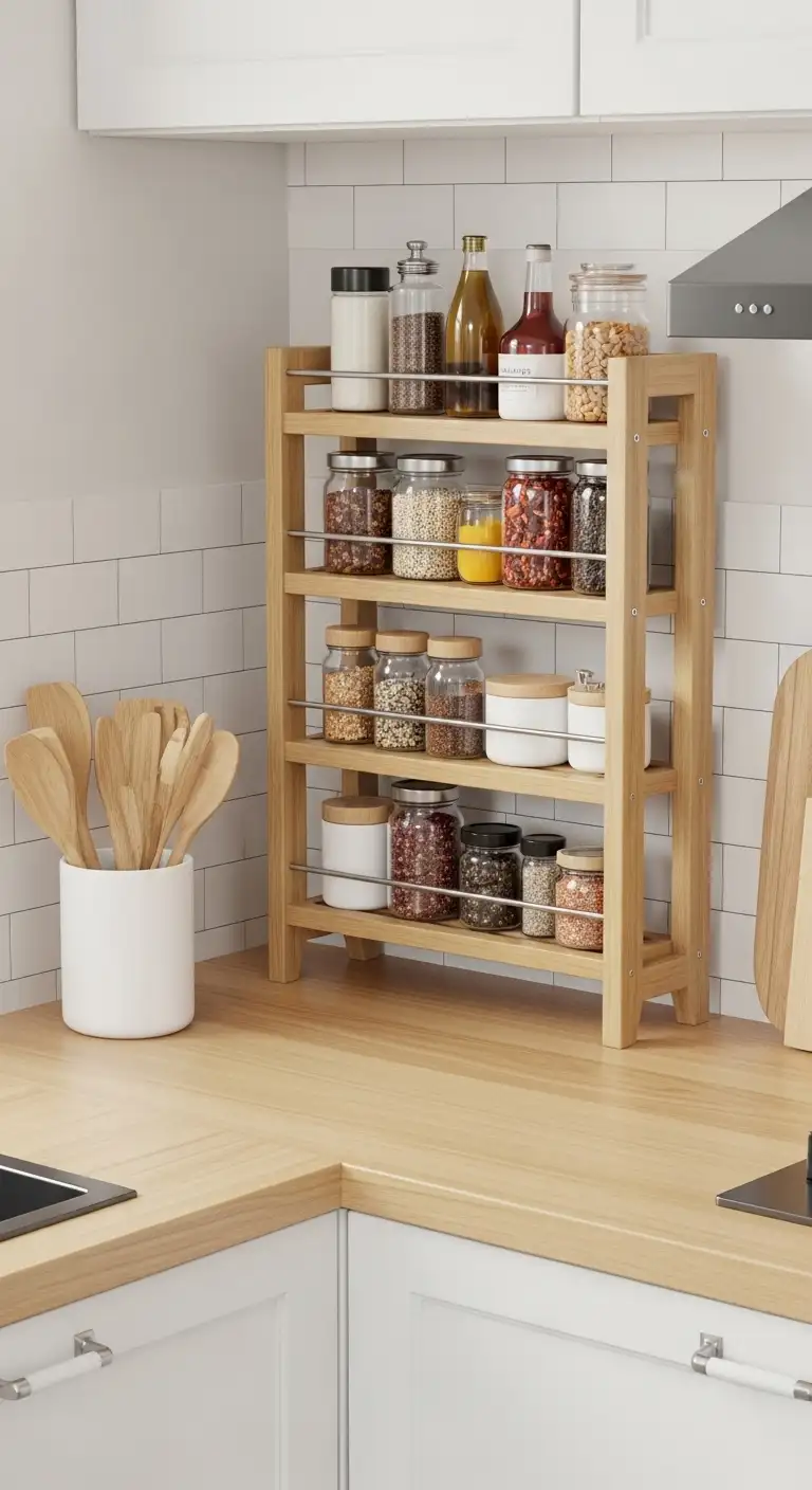 Use Tiered Shelves for Vertical Kitchen Countertop Storage