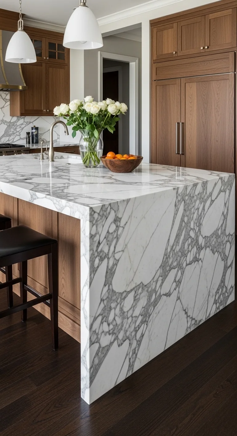 Waterfall Marble Luxury Kitchen Island for Timeless Elegance