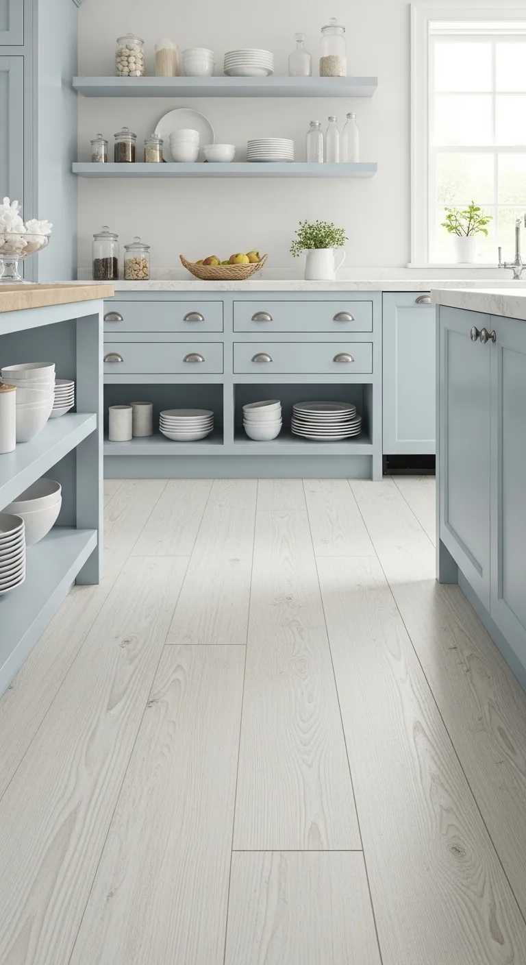 Whitewashed kitchen wood flooring for airy interiors