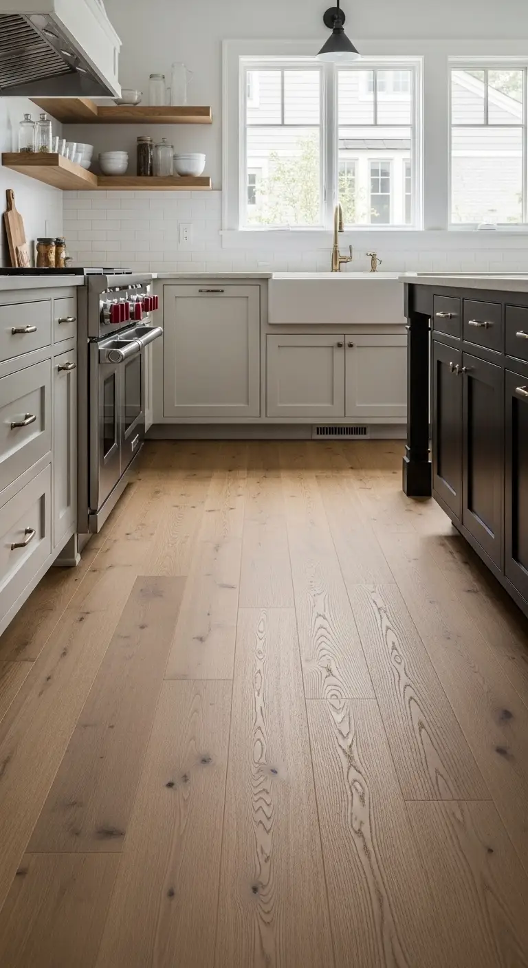 Wide plank kitchen wood flooring for modern simplicity