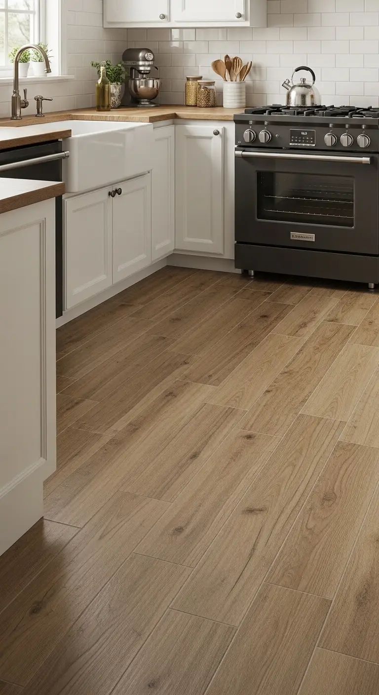 Wood-Look Kitchen Tile Flooring for Warmth