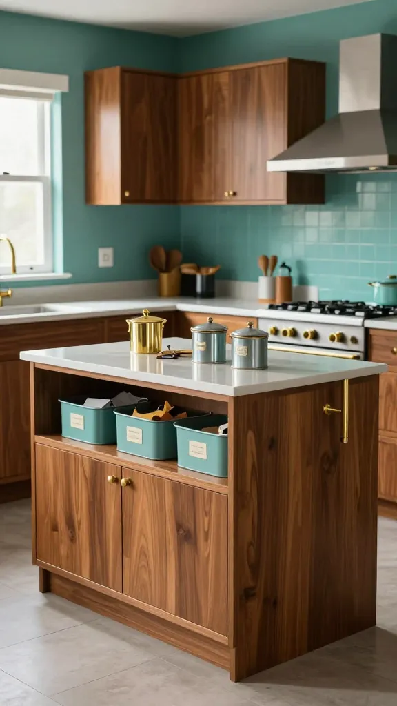 Midcentury Modern Tidy Island With Teal Accents