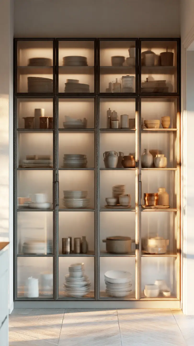 Add Glass-Front Scandinavian Kitchen Cabinets for Light Visual Texture
