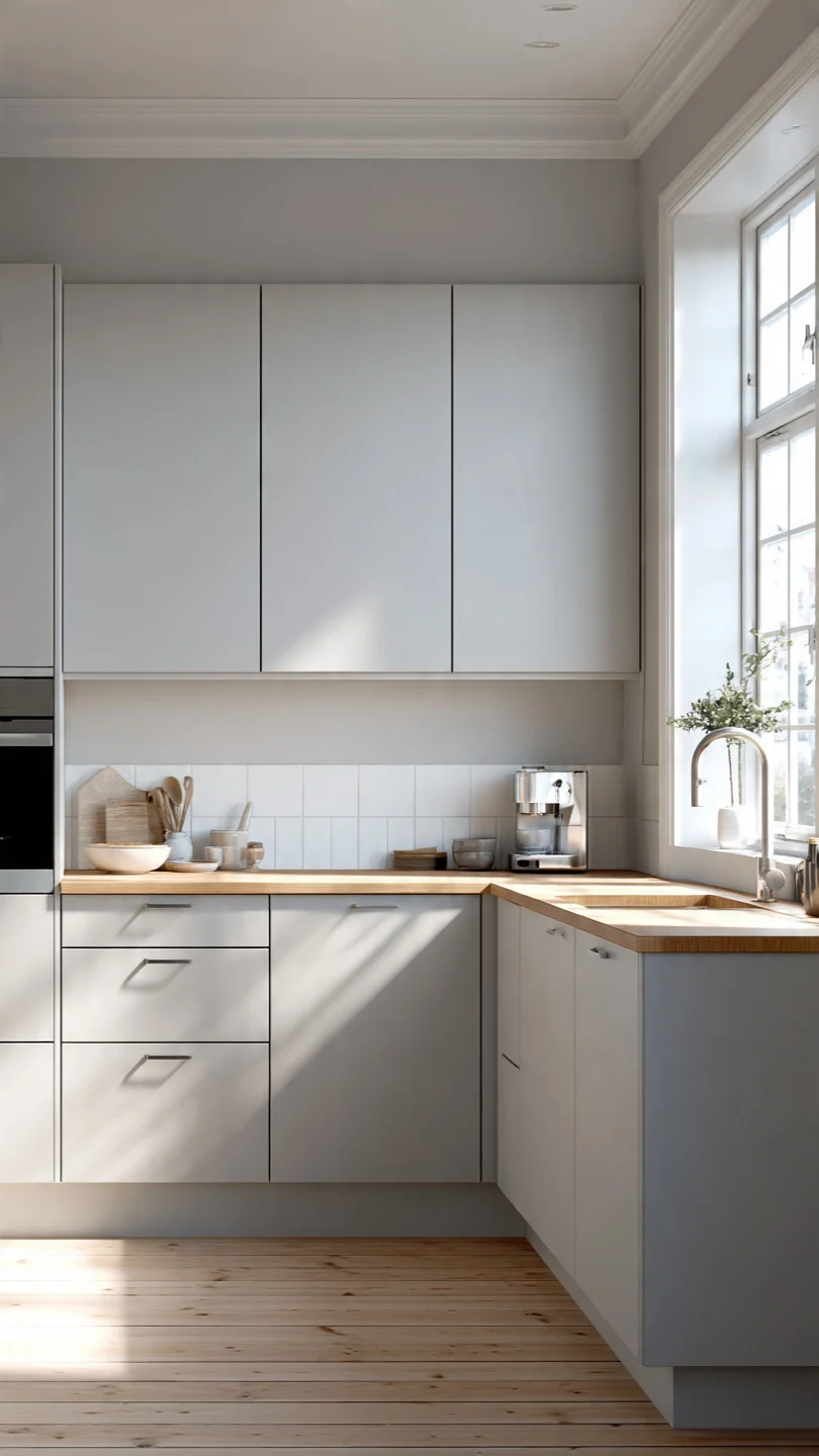 Add Soft Gray Scandinavian Kitchen Cabinets for Understated Elegance