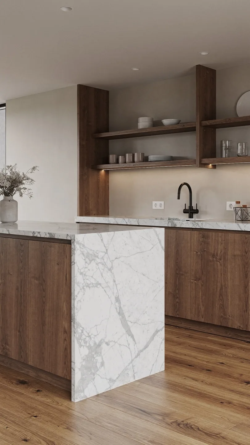 Add Warm Wood Elements to a Modern Calacatta Marble Kitchen