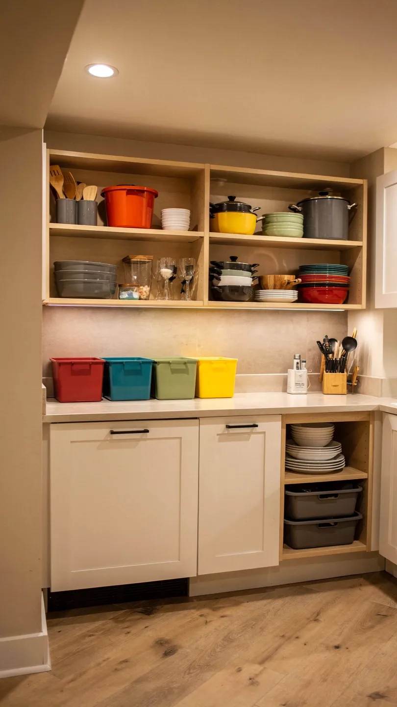 Basement Kitchenette With Open Concept Shelving