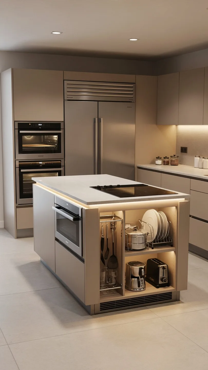 Basement Kitchenette with Island and Hidden Appliance Integration