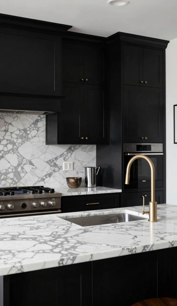 Black Cabinets with White Marble Countertops