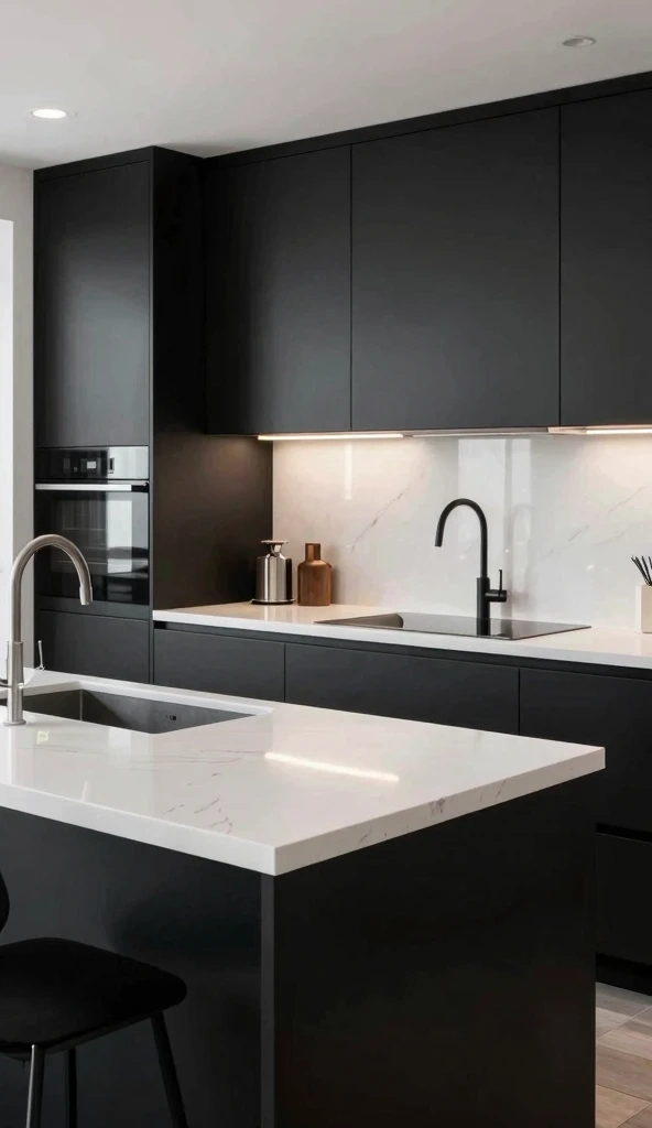 Black Cabinets with White Quartz Countertops