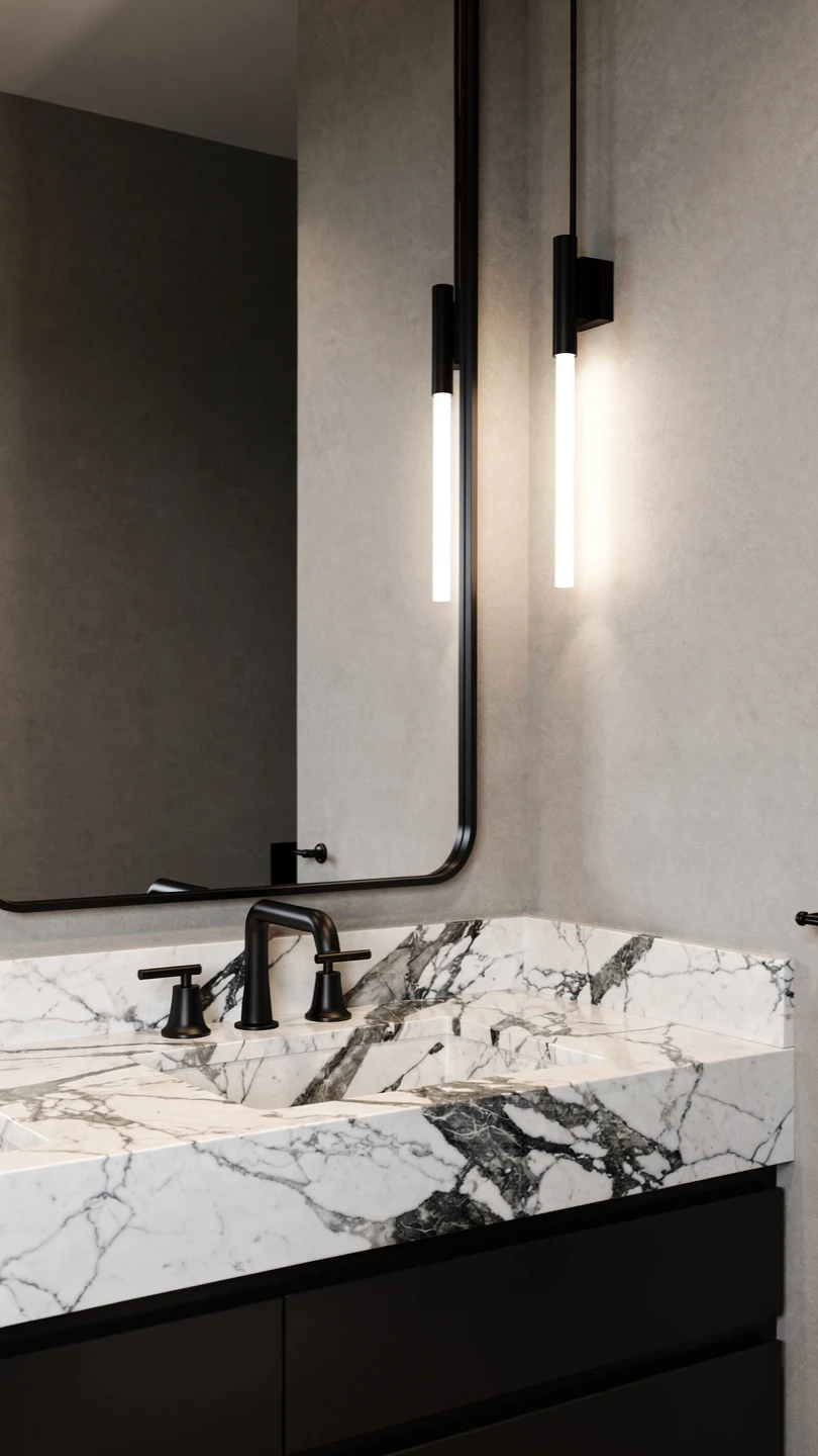 Black Fixtures Paired with a Calacatta Marble Sink for Bold Contrast