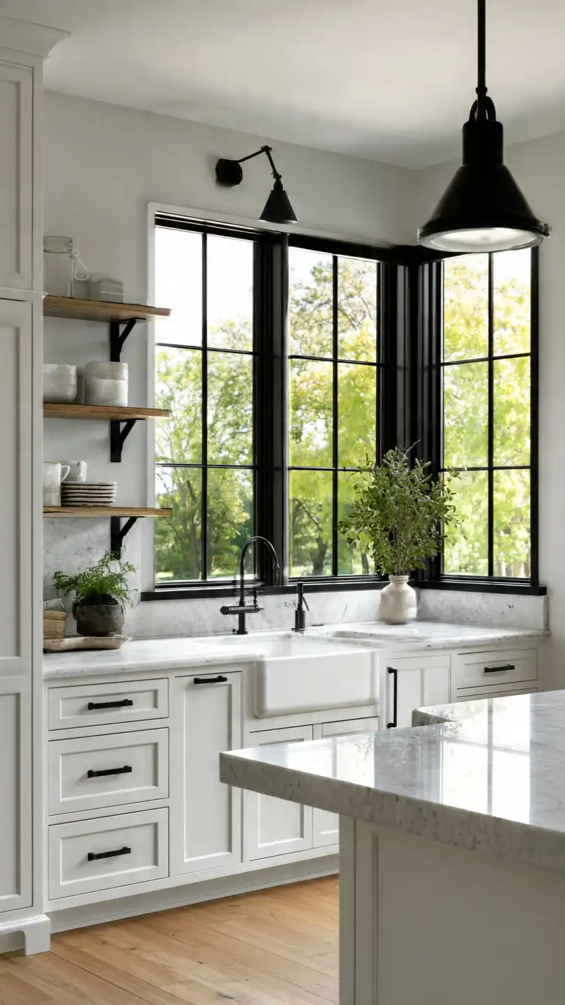 Black Framed Windows for Modern Kitchen Contrast