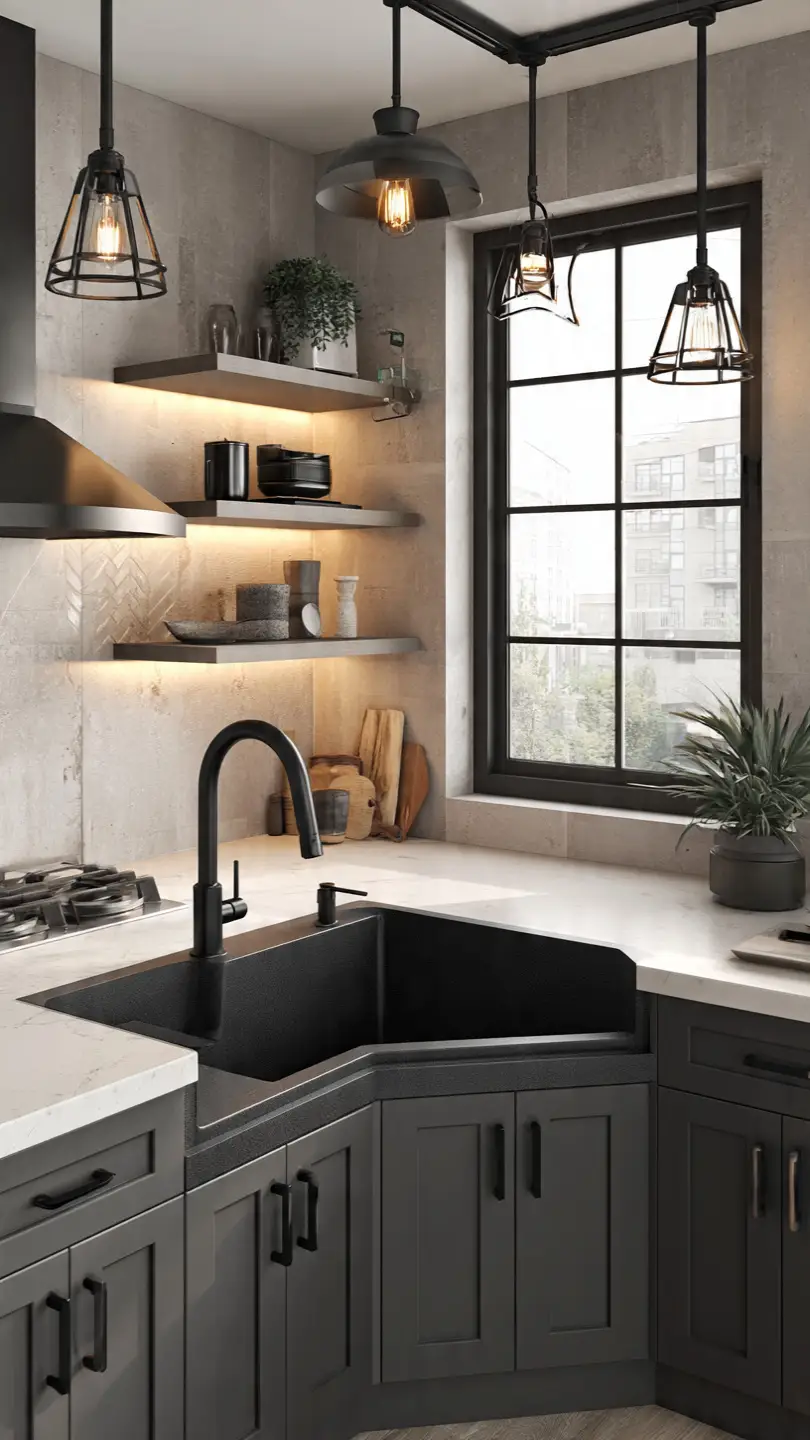 Black Granite Corner Kitchen Sink for Bold Contrast