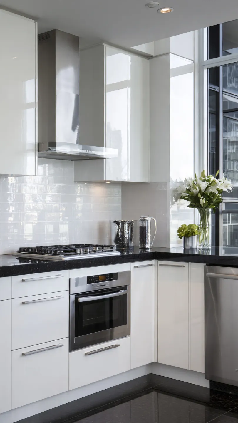 Black Granite Countertop with Glossy White Ceramic Backsplash
