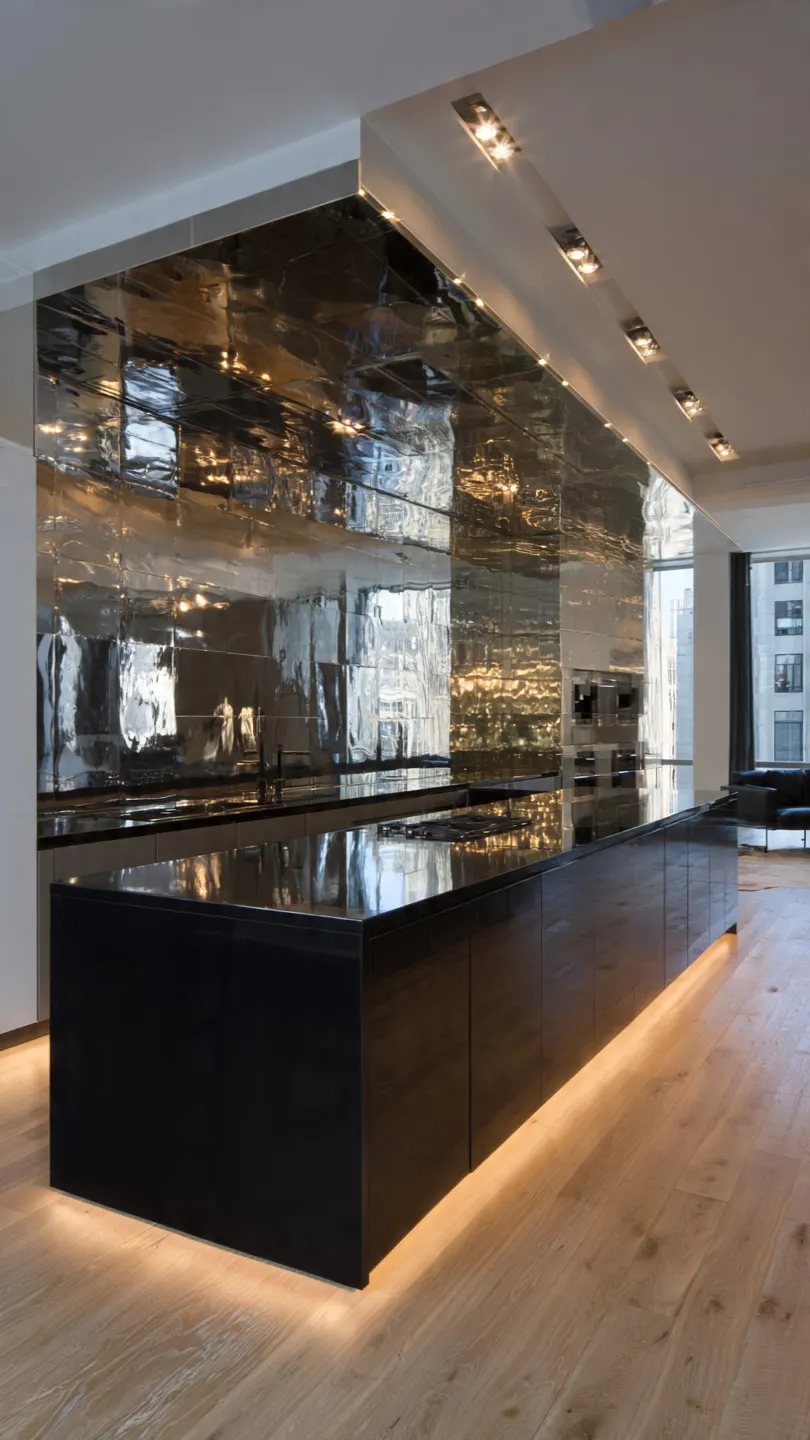 Black Quartz Countertop with Metallic Accent Backsplash