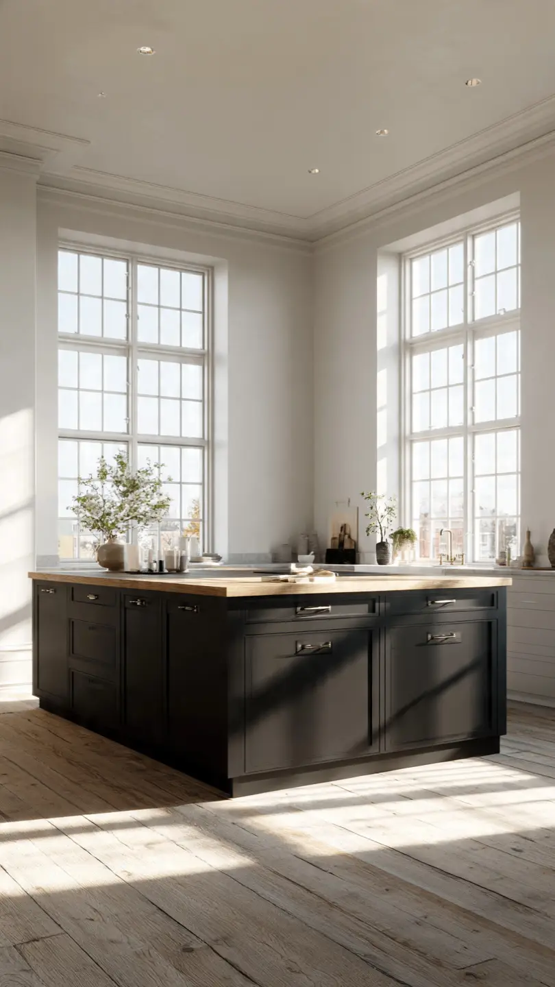 Black Scandinavian Kitchen Island With Warm Wood Details