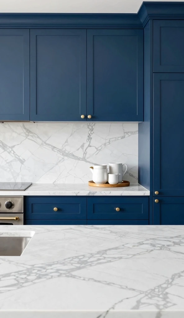 Blue Cabinets with White Marble Countertops