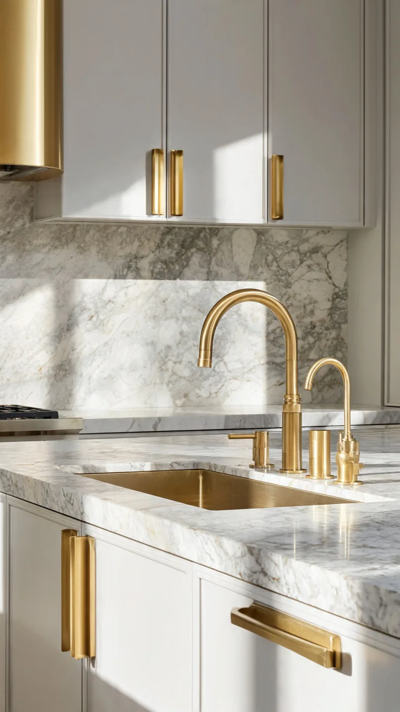 Calacatta Marble Backsplash with Brass and Gold Fixture Accents