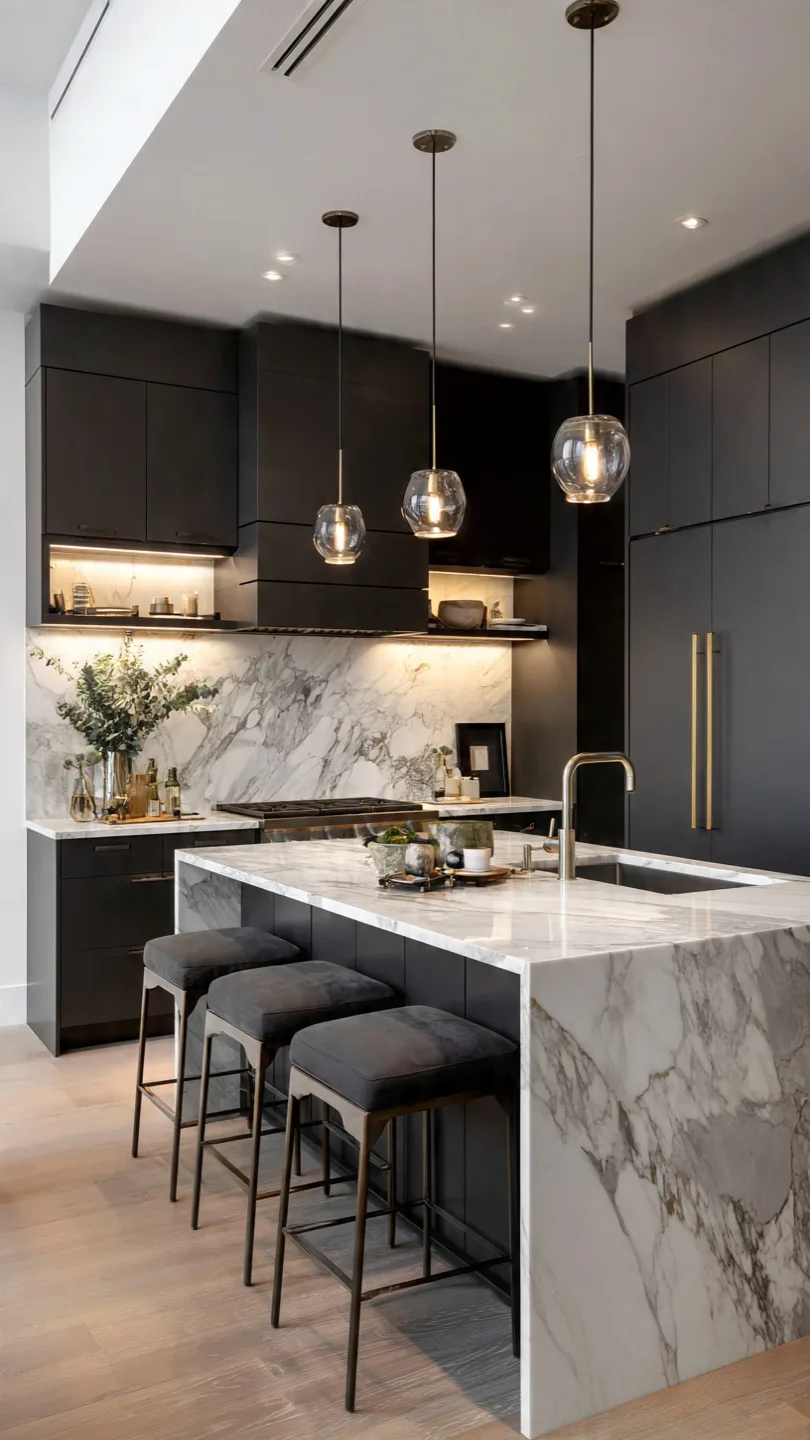 Calacatta Marble Backsplash with Dark Cabinet Contrast Design