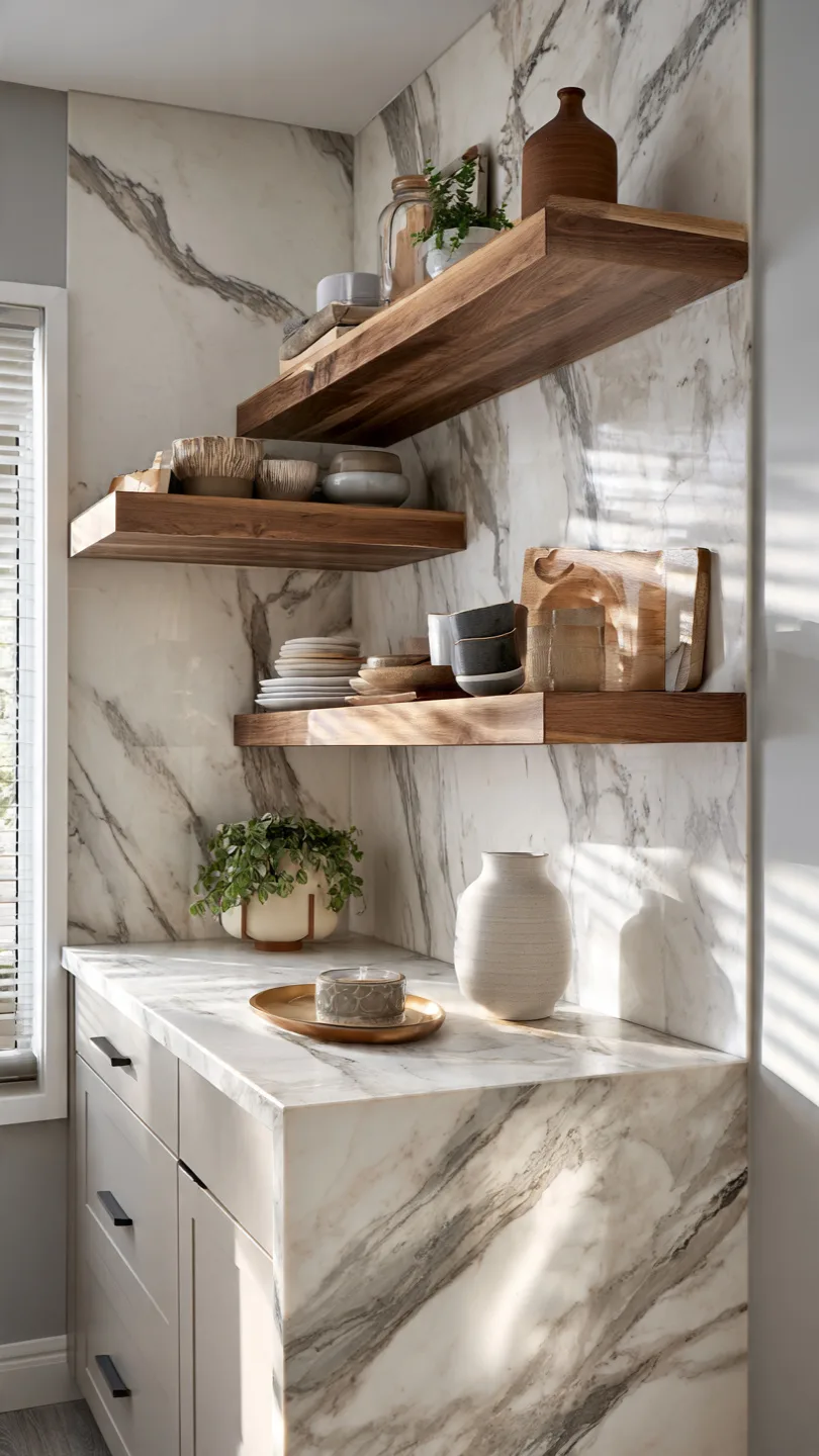 Calacatta Marble Backsplash with Floating Shelves Integration