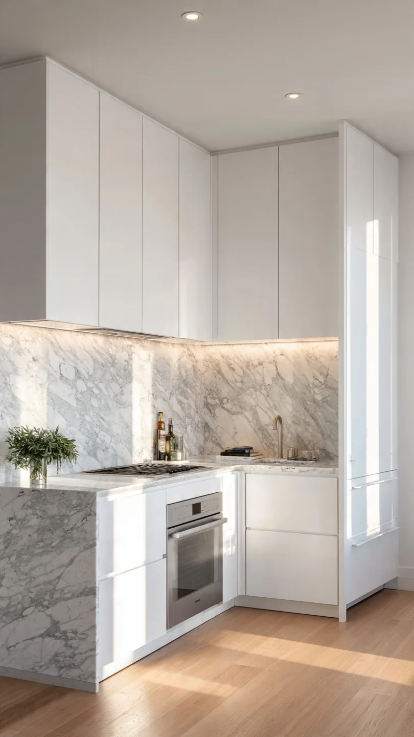 Calacatta Marble Backsplash with Minimalist White Cabinetry
