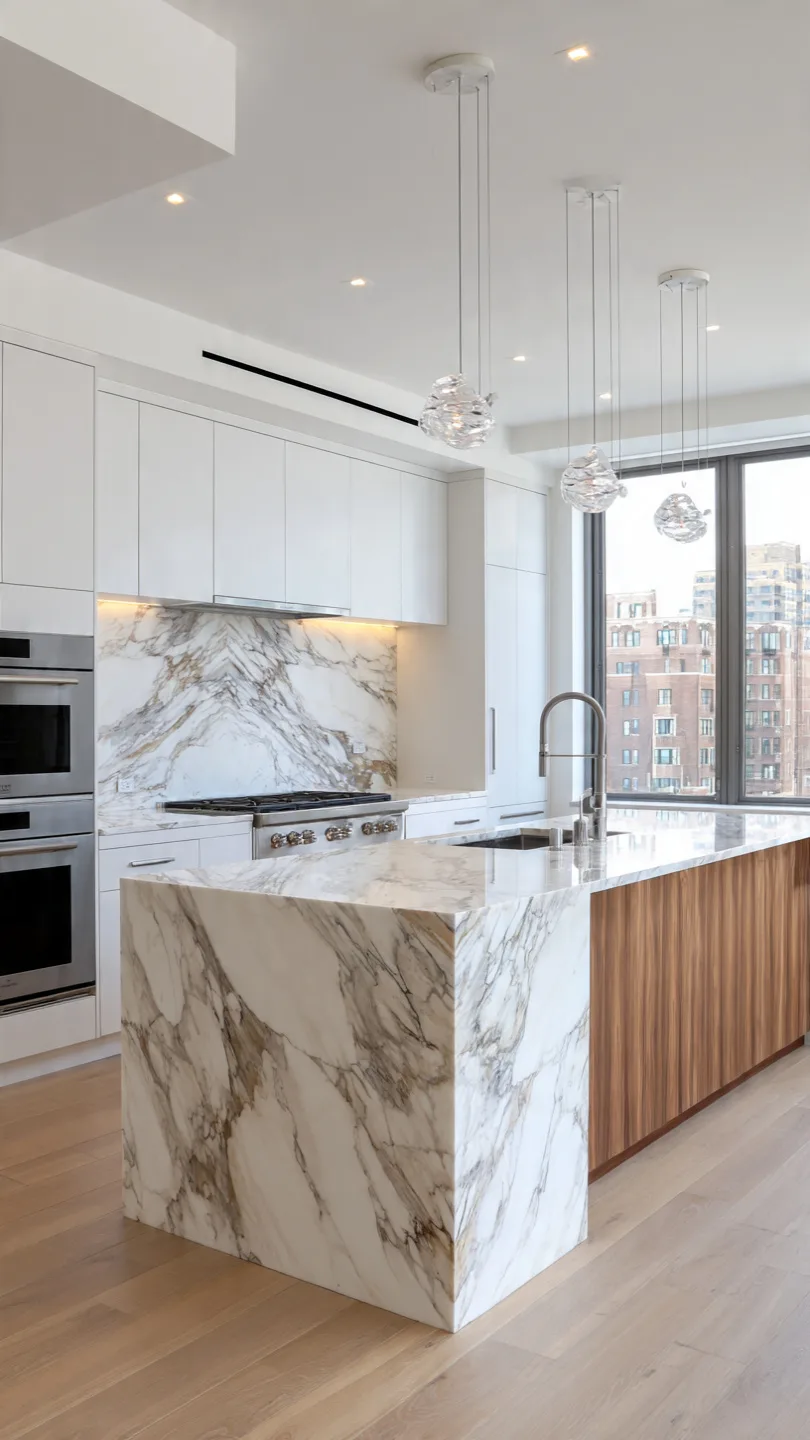 Calacatta Marble Backsplash with Waterfall Countertop Flow Design