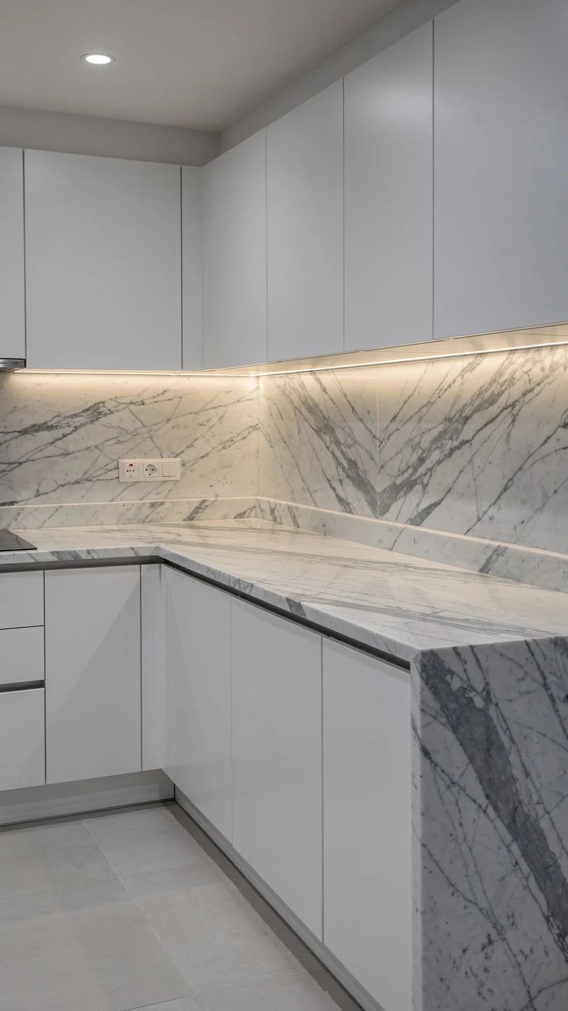 Calacatta Marble Countertops with Full Slab Backsplashes