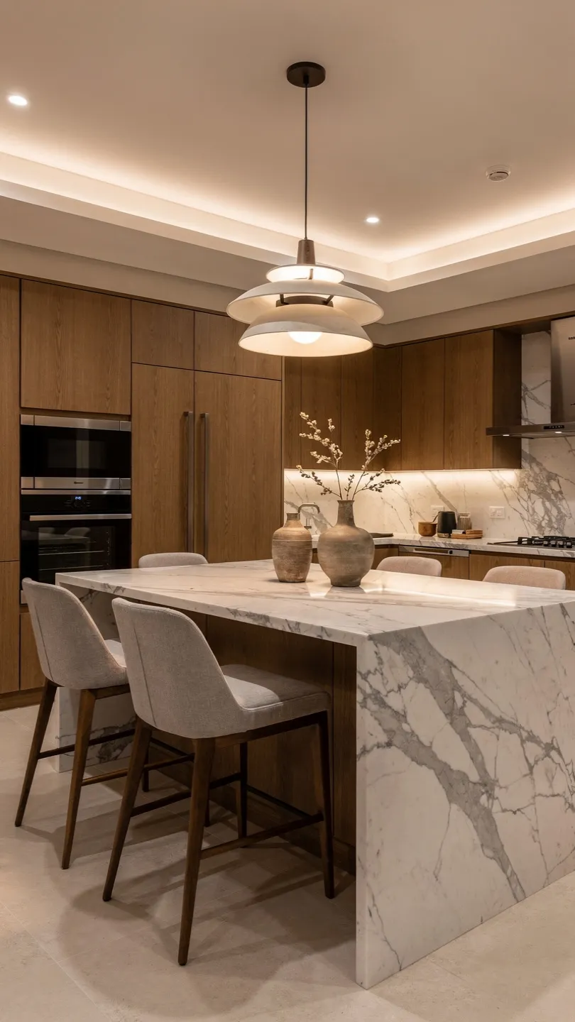 Calacatta Marble Countertops with Integrated Dining Spaces