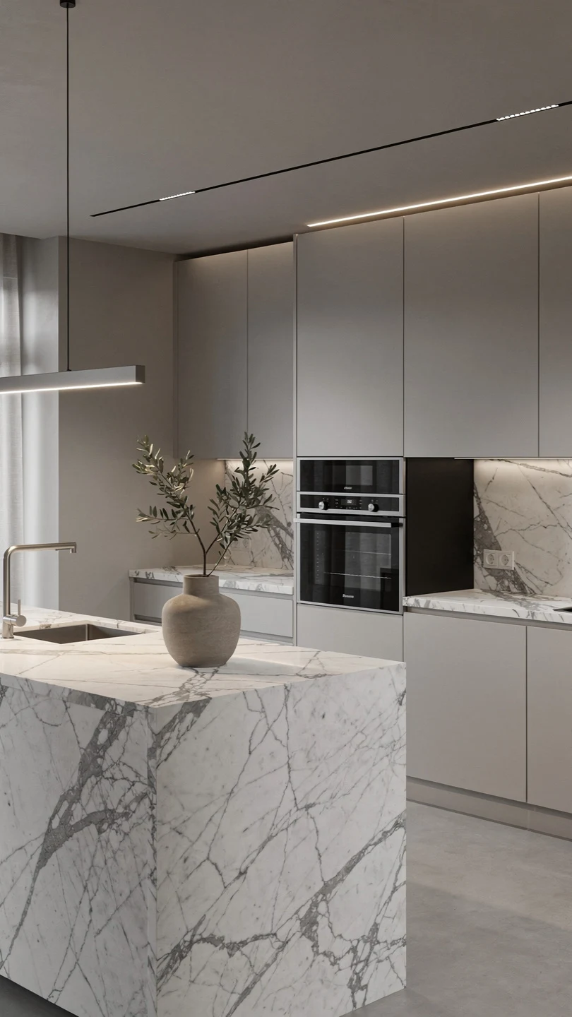 Calacatta Marble Countertops with Minimalist Kitchen Styling
