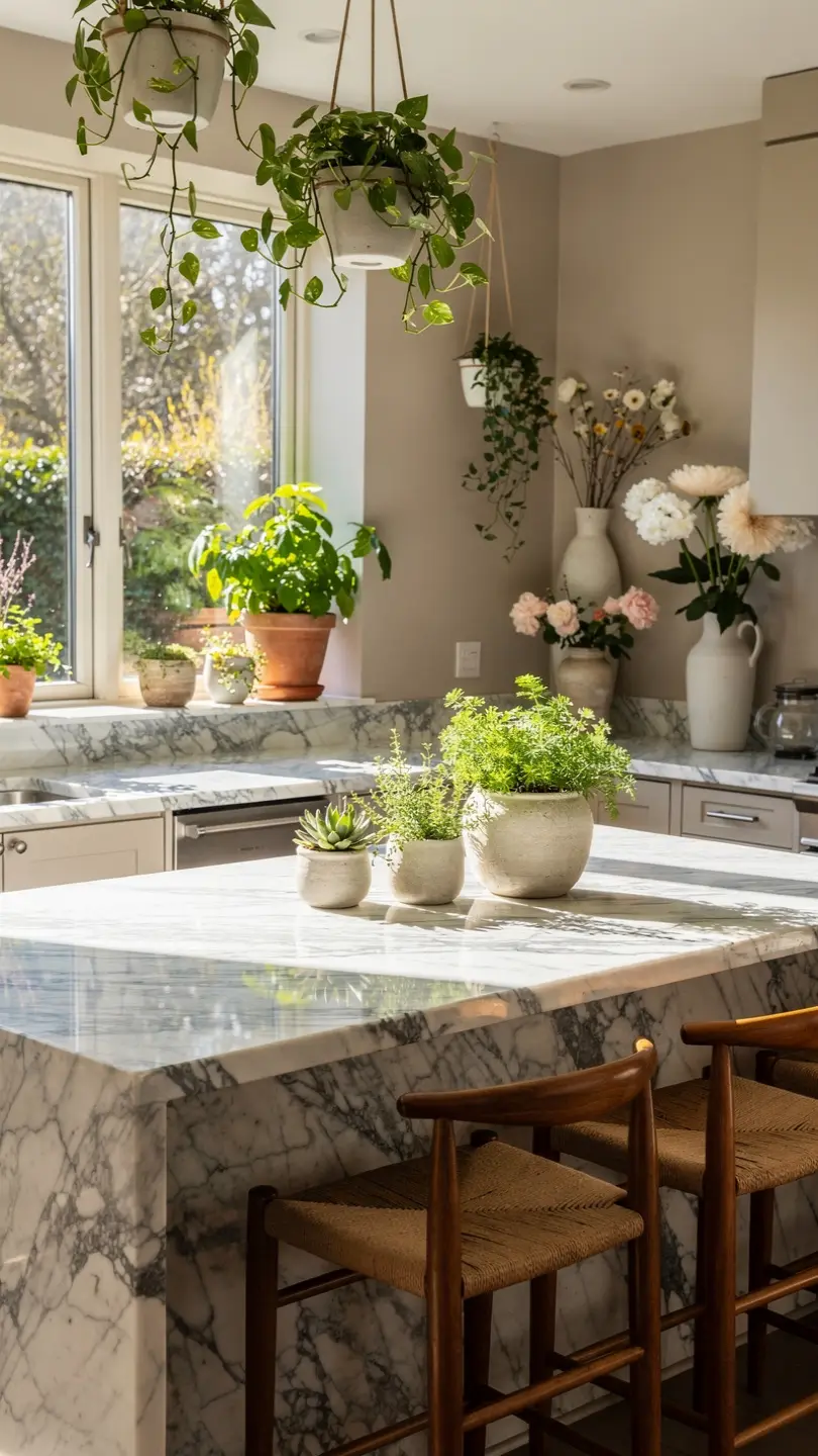 Calacatta Marble Countertops with Natural Greenery Accents