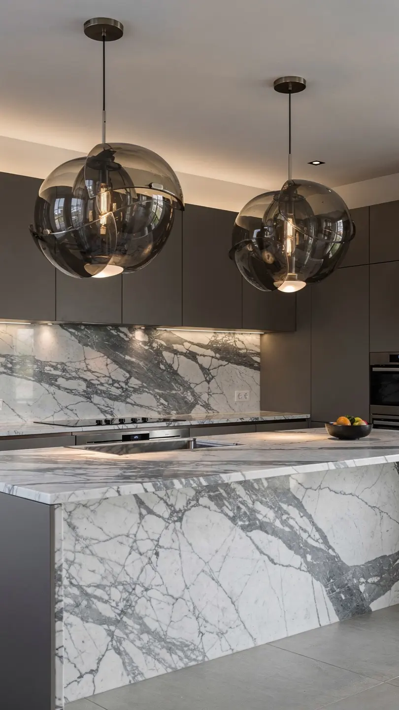 Calacatta Marble Countertops with Statement Pendant Lighting