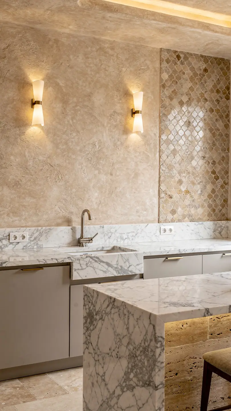 Calacatta Marble Countertops with Textured Wall Finishes